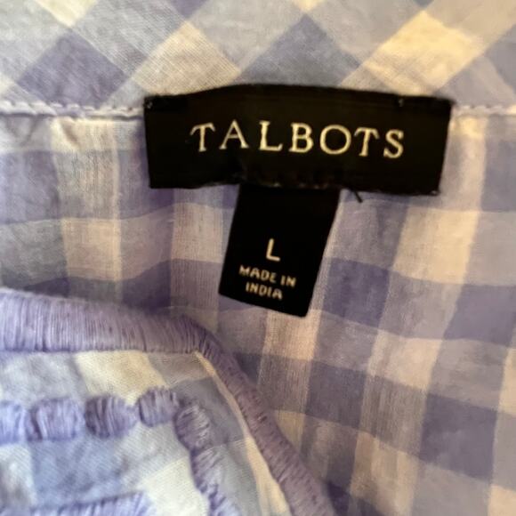 Talbots Preppy Coastal Cottagecore Blue Gingham Popover Top Cotton Large - Picture 8 of 9